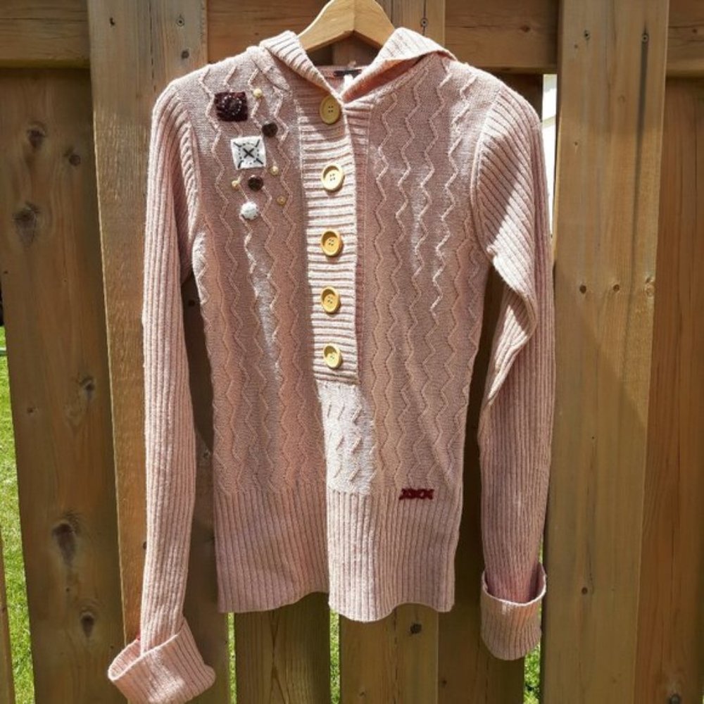 Powder Room Librarian Sweater Chunky Knit Buttons Patchwork